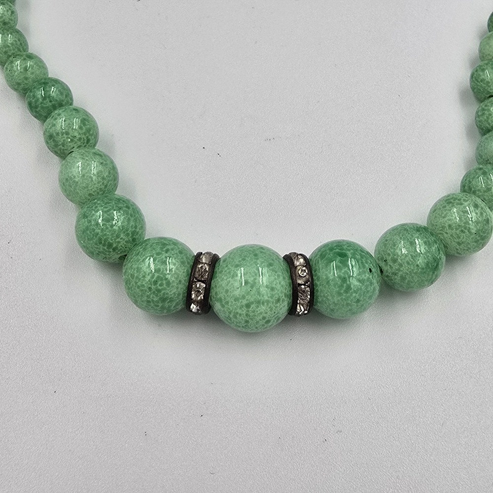 Antique Green Peking Glass Necklace Bead Rhinestone Choker 14" - Picture 4 of 5